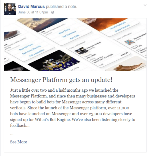 aggiornamento del bot di Facebook Messenger