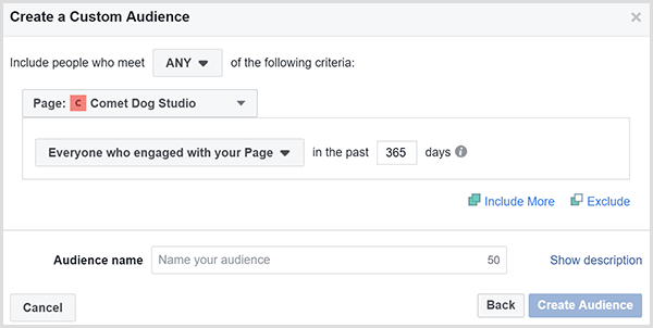 La finestra di dialogo Crea un pubblico personalizzato di Facebook ti consente di indirizzare gli annunci alle persone che hanno interagito con il tuo sito web entro un determinato periodo di tempo.