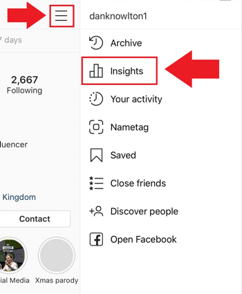 Strategia di social media marketing; Screenshot di dove accedere a Instagram Insights sull'app di Instagram.