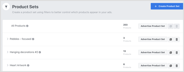 Scheda Product Sets di Facebook Catalog Manager