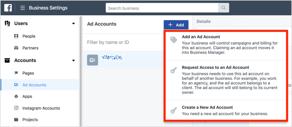 Hai tre opzioni per accedere a un account pubblicitario in Business Manager.