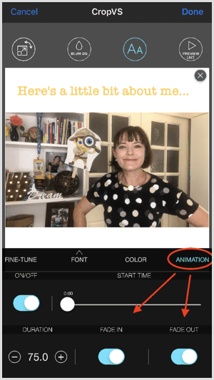 Tocca Animazione per regolare le impostazioni di dissolvenza in entrata e in uscita in CropVS.