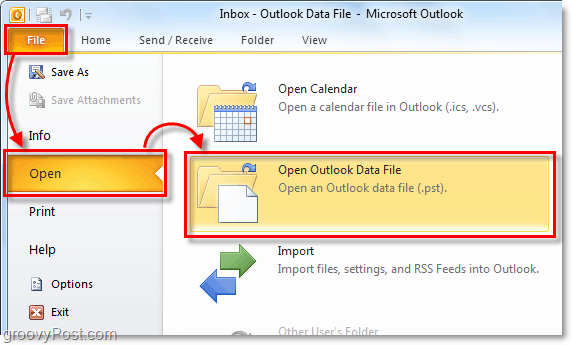 aprire la cartella che contiene il file pst di archivio da Outlook 2010