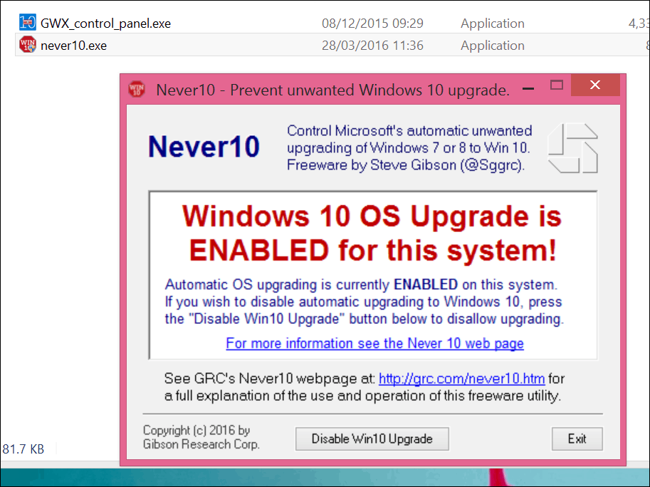 Arresta l'aggiornamento di Windows 10 con Never 10 o l'app GWX stessa