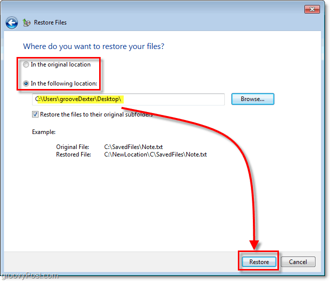 Backup di Windows 7: scegli una destinazione per i file ripristinati