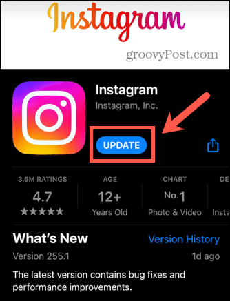 Applicazione di aggiornamento di Instagram