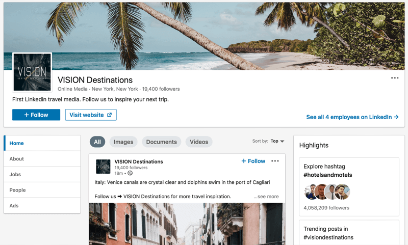 Pagina aziendale di LinkedIn per VISION Destinations