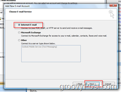 Crea un nuovo account di posta in Outlook 2007:: Pulsante di opzione Posta elettronica Internet
