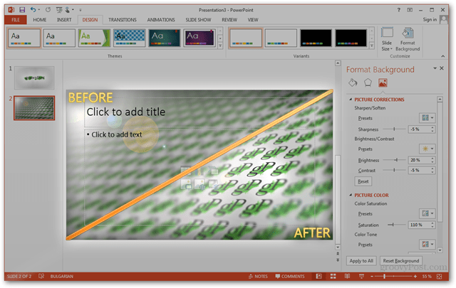Modello di Office 2013 Crea Crea design personalizzato POTX Personalizza diapositive Tutorial Come fare prima Dopo confrontare Confronto Riquadro immagini Modifiche Modifica Immagini Foto Sfondo