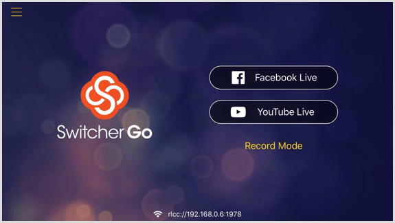 Schermata Switcher Go dove puoi collegare i tuoi account Facebook e YouTube