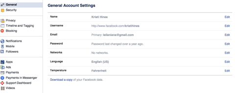 menu delle impostazioni dell'account Facebook