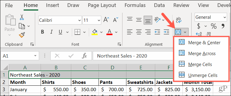 Unisci opzioni in Excel