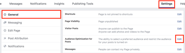 Nelle impostazioni della pagina Facebook, fai clic sul pulsante Modifica a destra dell'opzione Ottimizzazione del pubblico per i post.