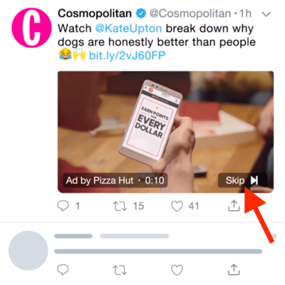 Esempio di un annuncio video di Twitter con l'opzione di saltare l'annuncio dopo 6 secondi.