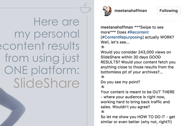 Nella didascalia del tuo album Instagram, includi una dichiarazione da scorrere per vedere di più in modo che il tuo pubblico non si perda.