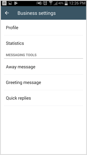Accedi agli strumenti di messaggistica nella pagina Impostazioni aziendali in WhatsApp Business.