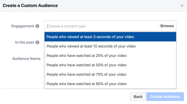 Opzione per creare un pubblico personalizzato di annunci Facebook di persone che hanno guardato una parte del tuo video.