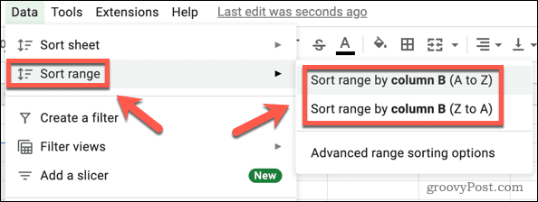 Ordinamento degli intervalli di dati per colonna in Fogli Google