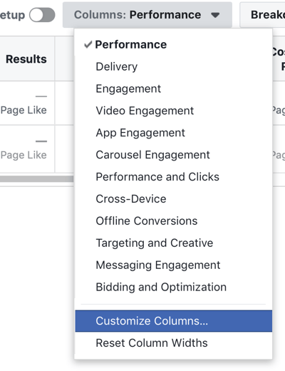 Opzione Personalizza colonne di Facebook Ads Manager