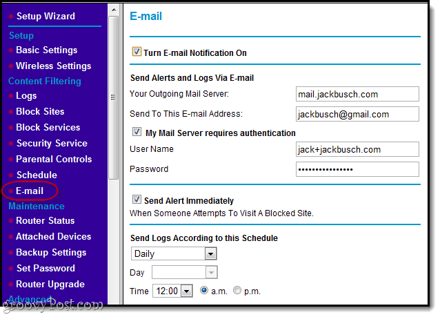 avvisi e-mail per i siti di blocco in netgear