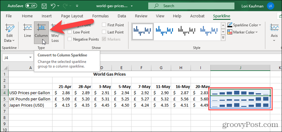 Modifica il tipo di sparkline in Excel