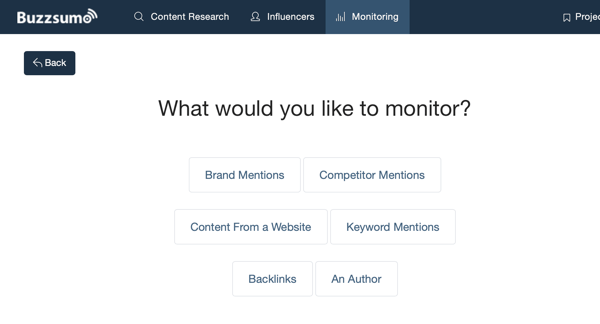 Opzioni di ciò che puoi monitorare tramite BuzzSumo.