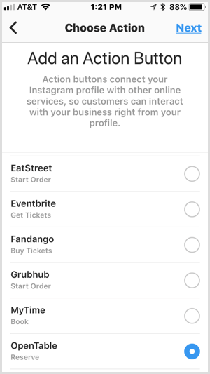 Instagram Aggiungi una schermata del pulsante di azione per i servizi di terze parti