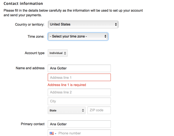 inserisci le informazioni di contatto dell'account adsense