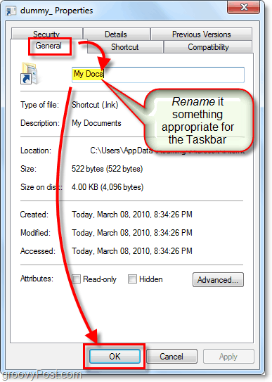 rinominare un collegamento sulla barra delle applicazioni di Windows 7