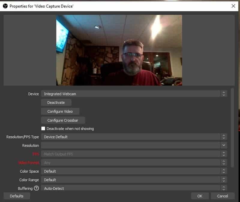 impostazioni della webcam