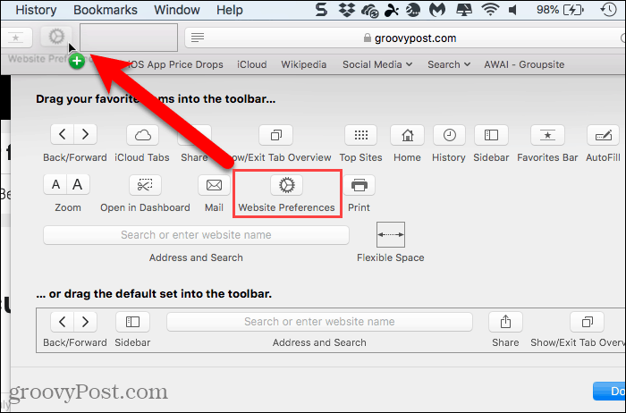 Aggiungi il pulsante Preferenze del sito Web alla barra degli strumenti in Safari per Mac