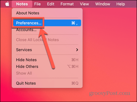 seleziona Preferenze in Note su Mac