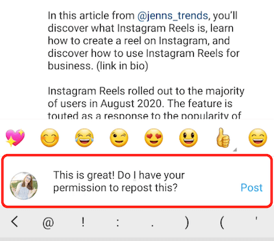 Instagram post esempio commento risposta complimentandosi e chiedendo il permesso di ripubblicare il contenuto