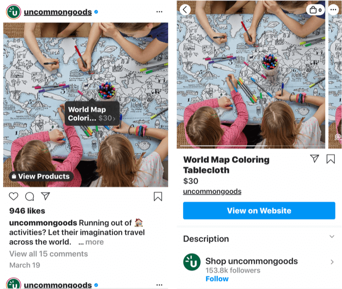 screenshot che mostrano un tag instagram aggiunto a un post di un prodotto acquistabile e alla pagina del negozio del prodotto una volta selezionato un tag post