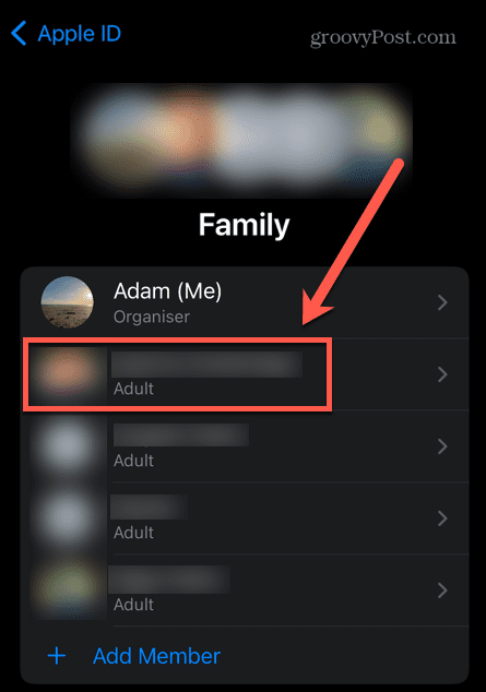 iPhone seleziona un membro della famiglia