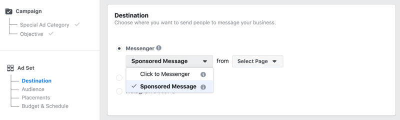 Opzione messaggio sponsorizzato di Facebook in Gestione annunci di Facebook