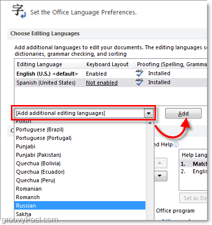 aggiungere altre lingue di Office 2010