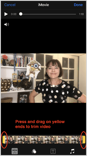 Trascina le maniglie per tagliare il video con iMovie.