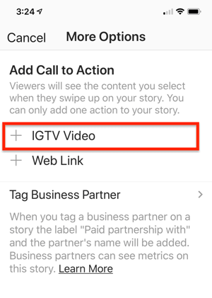 Opzione per selezionare un collegamento video IGTV da aggiungere alla tua storia di Instagram.