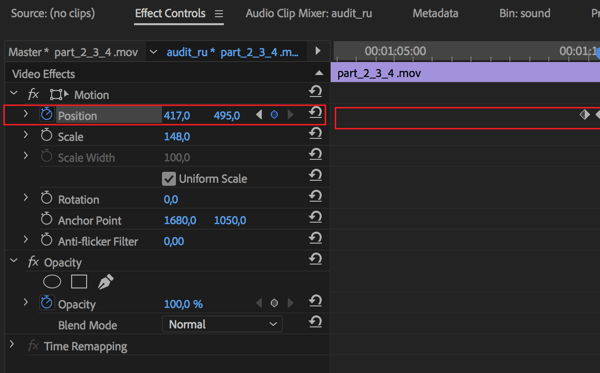 Impostazione per regolare la posizione centrale di ogni fotogramma nella sequenza in Adobe Premier Pro.