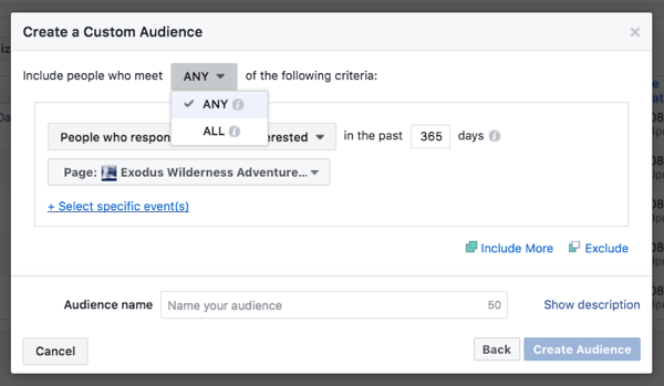 Crea segmenti di pubblico personalizzati per eventi creati tramite la tua pagina aziendale.