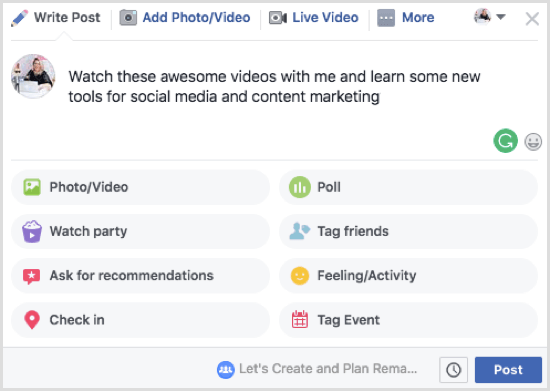 Se prevedi di condividere una serie di video nella tua festa di visualizzazione di Facebook, chiariscilo nella casella della descrizione.