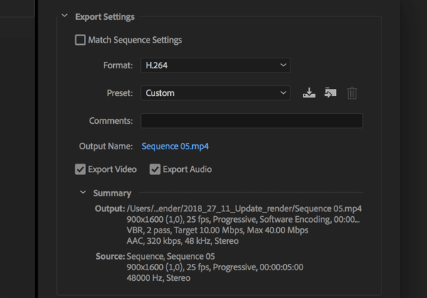 Impostazione per esportare il tuo video Adobe Premier Pro con il formato impostato su H.264.
