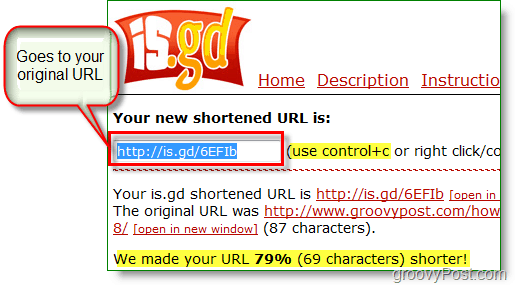 screenshot di is.gd url shortener - copia il nuovo URL breve