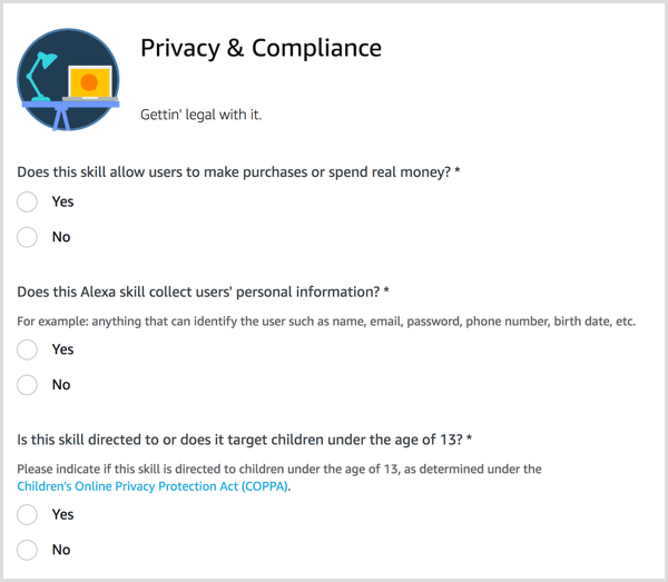 Rispondi alle domande sulla privacy e sulla conformità per la tua competenza su Alexa.