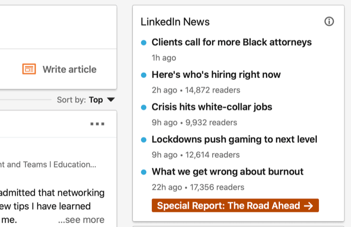 screenshot di esempio della home page di linkedin con la sezione news di linkedin al centro dell'immagine