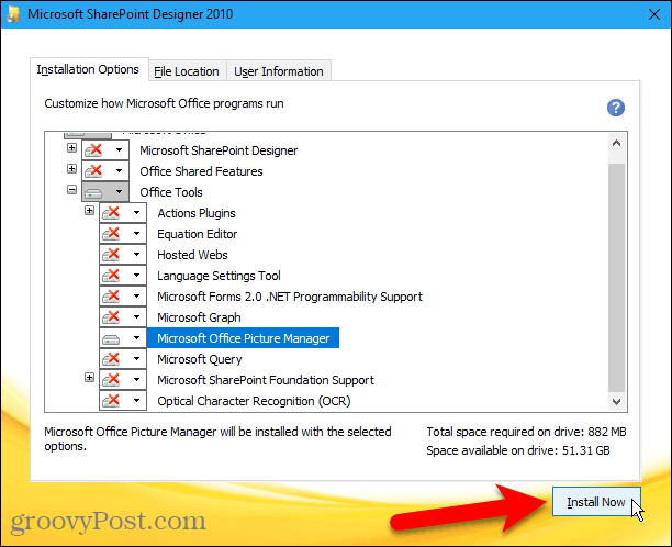 Fare clic su Installa ora per installare Microsoft Office Picture Manager da Sharepoint Designer 2010