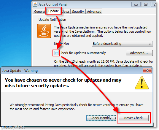 Schermata: Windows 7 disabilita i controlli di aggiornamento Java