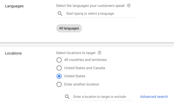 Come impostare una campagna di annunci YouTube, passaggio 12, impostare le opzioni di visualizzazione della lingua e della località