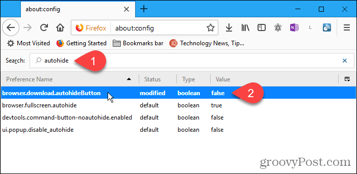 Fare doppio clic su autohideButton config setting in Firefox